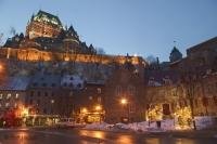 A cozy yet cold winter night scene in the city of Quebec, Canada.