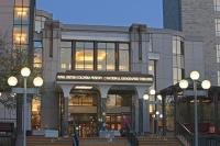 Steps and entrance to the Royal British Columbia Museum as well as the National Geographic Theatre in the city of Victoria.