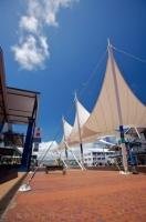 The sails stand outside the TSB Arena on Queens Wharf in Wellington on the North Island of New Zealand.
