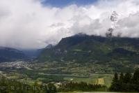 The beautiful valley and old market town of Sallanches in the Haute Savoie area of France is surrounded by towering snowcovered mountains.