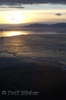 A golden sunset over Great Salt Lake in Utah, USA.