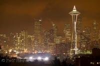 The bustling city of Seattle by night in Washington, USA.
