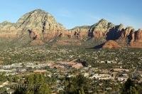 Overlooking the town of Sedona towards rock formations called Capital Butte and Coffee Pot Rock in Arizona, USA.