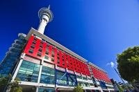 The impressive Sky City Tower stands over the Hotel which houses the Sky City Casino and several restaurants in Auckland City, New Zealand.