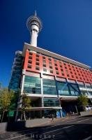 The Sky City complex situated in downtown Auckland, New Zealand, consists of the sky tower, hotel, and casino.