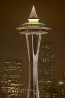 A Seattle Washington icon, the Space Needle, lit up with christmas lights at the pinacle.