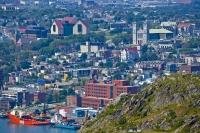 The colorful buildings and houses creep up the hillsides in the city of St. John's on the Avalon Peninsula in Newfoundland Labrador.