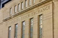 Close up of the art deco facade of the former Toronto Stock Exchange in Toronto city, Ontario, Canada.