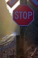 This stop sign is posted by the side of the railway tracks and in this picture you can see the light fog and the light snow with the sun glinting in the background. This was taken during winter near Beaver Cover on Northern Vancouver Island.