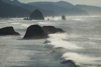 Waves pound the shores and rocks  showing the force of the surf along the Oregon Coast, USA.