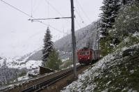 A train that carries passengers and/or their car through the Swiss Alps along the Matterhorn Gotthard Bahn in Switzerland, Europe.