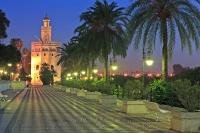 The Torre del Oro, which means Tower of Gold, is lit up at dusk along the Paseo Alcalde Marques del Contadero, located in the El Arenal District of Seville, Spain. This tower also houses the Museo Maritimo aka Naval Museum.