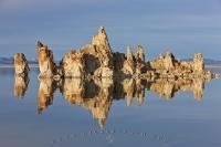 Like a series of stalagmites rising from the floor of a cave, this row tufa towers stand out in the middle of Mono Lake, bizzare asymmetrical rock formations like something out of a fictional movie.