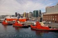 Prepared for work at any given time, red tug boats line the harbour of Wellington on the North Island of New Zealand.