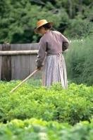 A lady gardens at her home in the Upper Canada Village in Ontario, Canada.