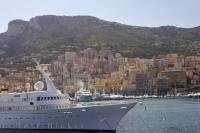A super luxurious yacht has a place to anchor in Port Hercule Monte Carlo in Monaco, during a vacation in the Mediterrean.