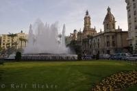 The fountain in front of the Plaza del Ayuntamiento in Valencia, Spain makes the surrounding monumental buildings more attractive than they already are.