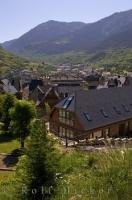 The houses of Vielha city nestle in the Aran Valley in Catalonia, Spain in Europe.