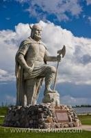 A Noble Viking statue stands on the shores of Lake Winnipeg looking toward the town of Gimli in the Province of Manitoba, Canada, a reminder of the town's historic Icelandic background.