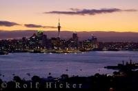 Waitemata Harbour seen at sunset in Auckland, the city that is the largest and most populated in New Zealand. This view was taken from the Mt. Victoria Reserve and Lookout in the suburb of Devonport on the North Shore.