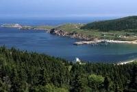 An elevated shot of White Point near the Cabot Trail in Cape Breton Highlands in Nova Scotia, Canada.