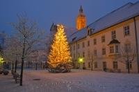 A beautiful wintery Christmas scene at the Landratsamt in the city of Freising in Bavaria, Germany.