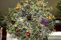 A pretty wreath made of dried flowers and leaves on display at the Pike Place Public Market Center in Seattle, Washington, USA.