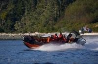 The Zodiac Hurricane boat powered by two Evinrude outboards in the waters off the British Columbia Coast.