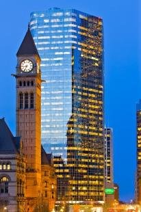 photo of Illuminated Twilight Clock Tower Office Building Toronto
