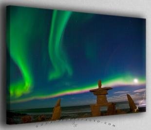 photo of Northern Lights Inukshuk with Moon Canvas Fine Art Photo