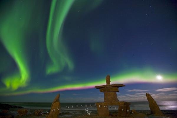 Photo: 
Northern Lights Dancing In The Moon Light Inukshuk Hudson Bay